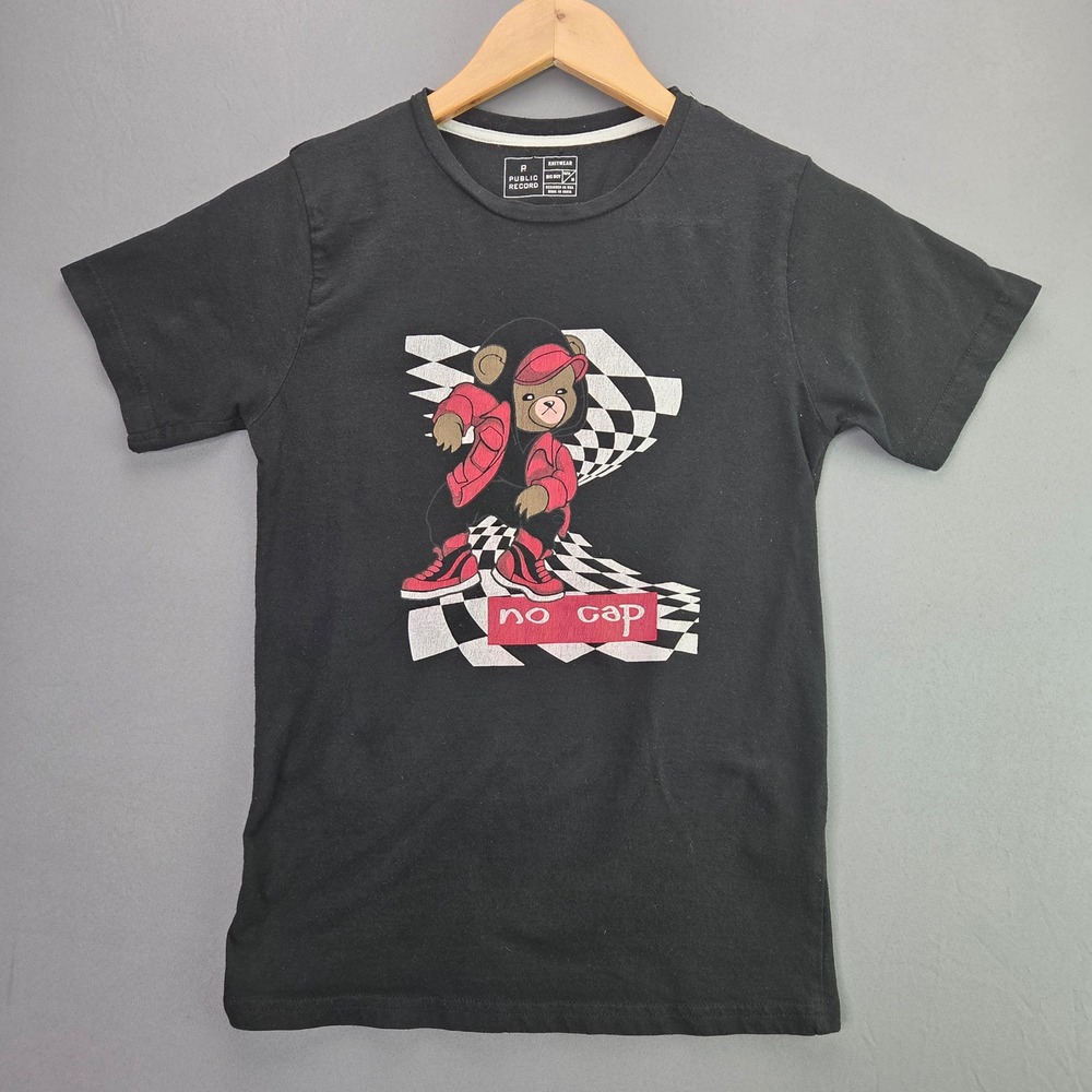 Public Record T-Shirt Big Boy 10/12 M Black Graphic Bear No Cap Sheesh